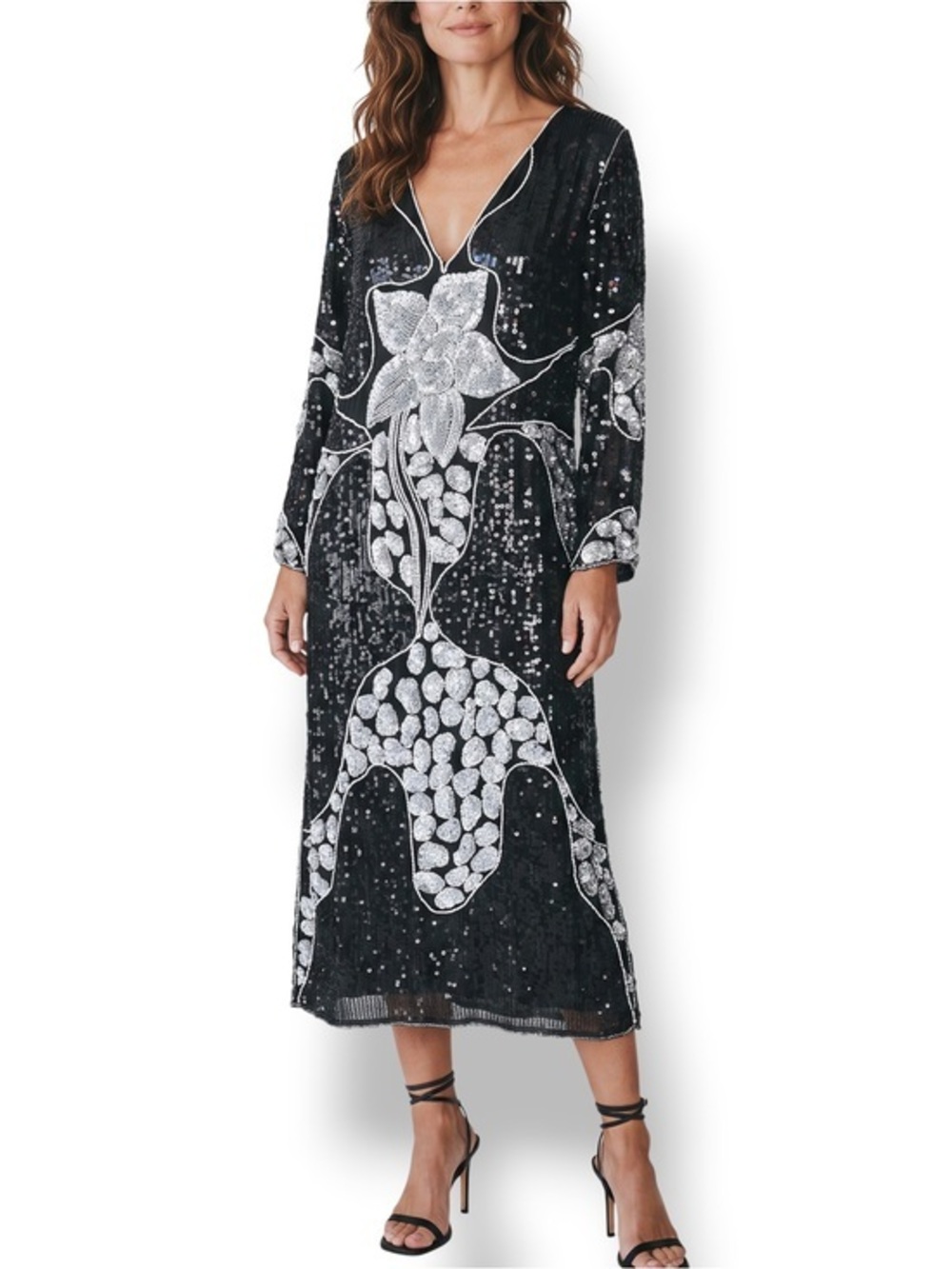 Vintage SCALA Silk Beaded Sequin Midi Dress Art Deco Floral Black Glam Evening M